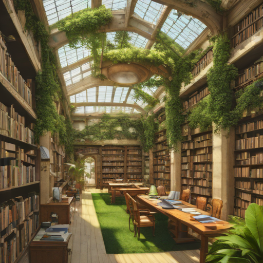 books and movies in a huge library hidden under an opulent botanical garden, solar panels on the roof, comic style, highly realistic